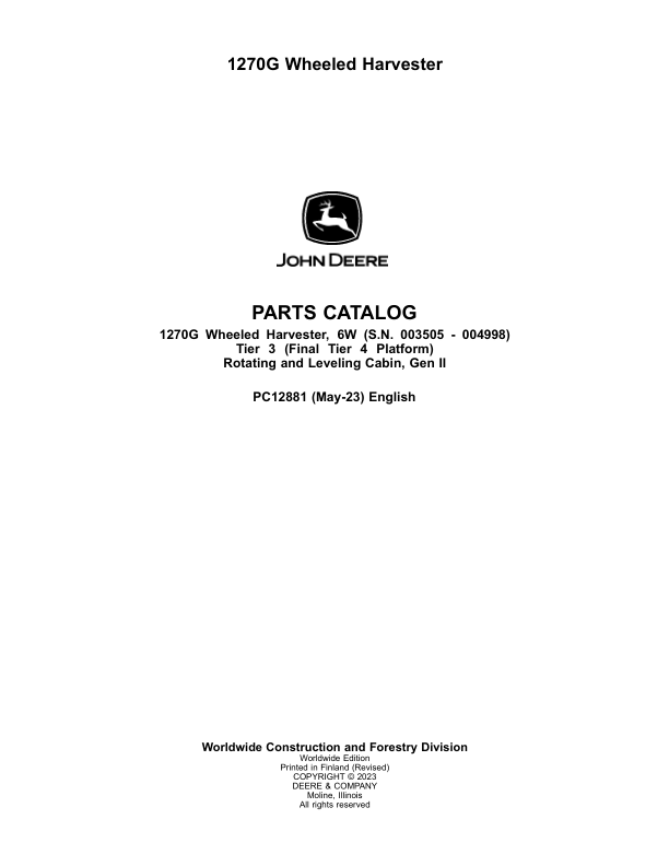 John Deere 1270G T2 6W Wheeled Harvester Parts Manual - Neo Truck Manuals