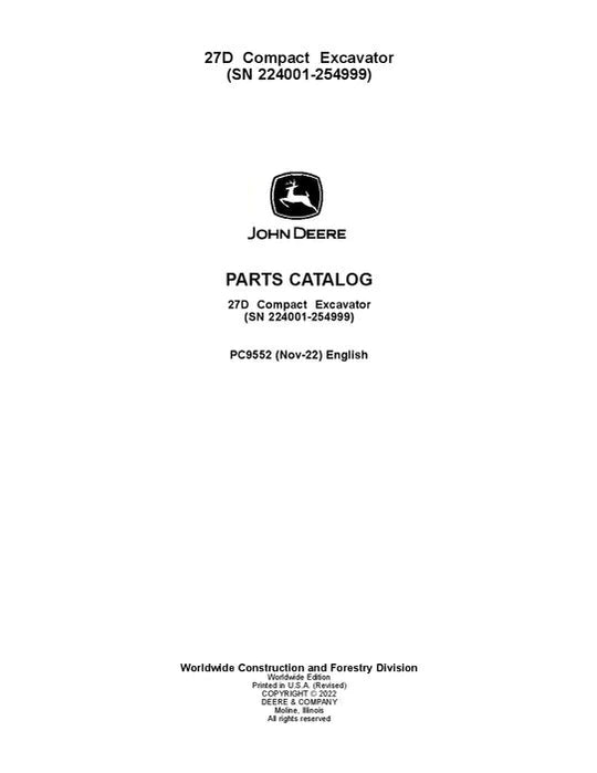 John Deere 27D D Series Excavator Parts Manual - Neo Truck Manuals