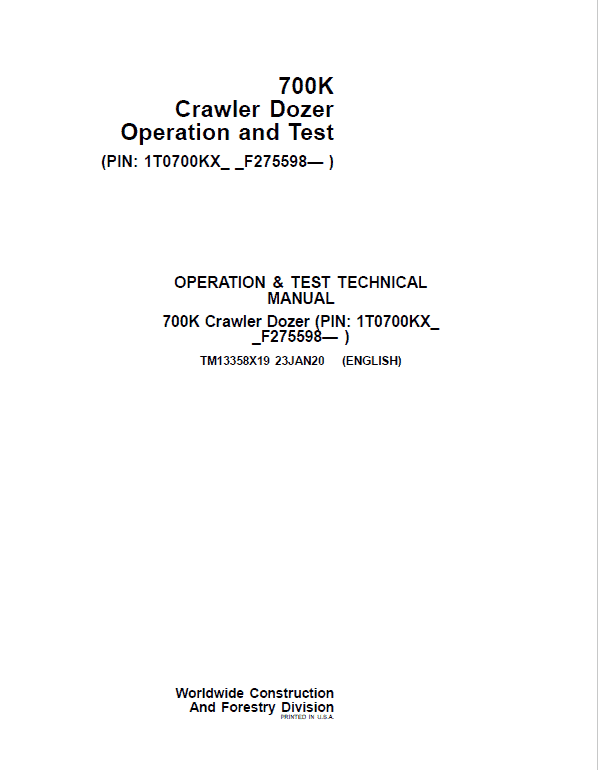 John Deere 700K Crawler Dozer Operation & Maintenance Manual