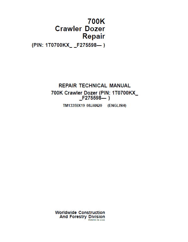 John Deere 700K Crawler Dozer Service Repair Manual