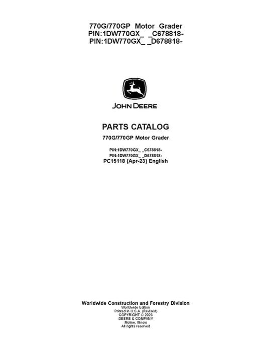 John Deere 770G, 770GP G Series Motor Graders Parts Manual - Neo Truck Manuals