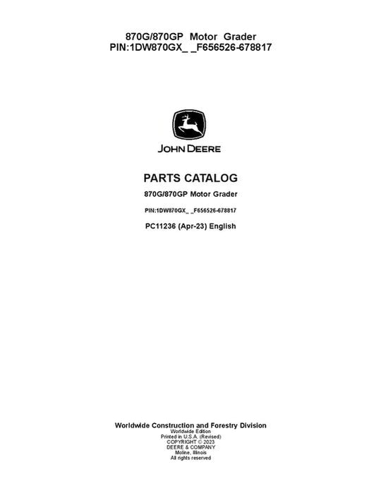 John Deere 870G, 870GP G Series Graders Parts Manual - Neo Truck Manuals