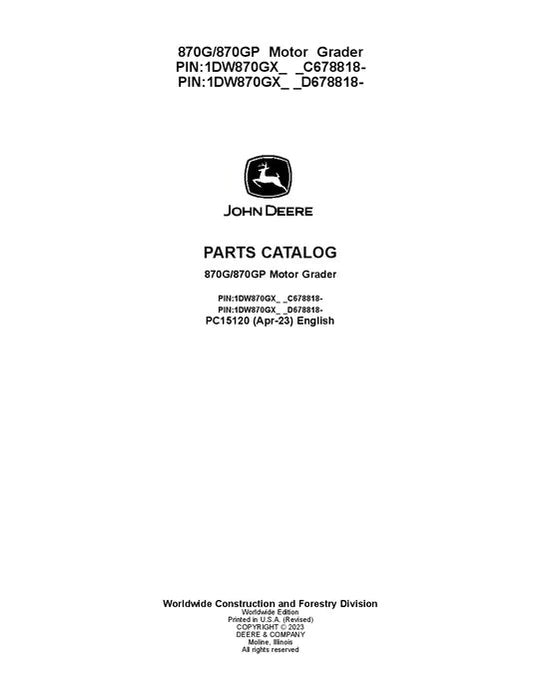 John Deere 870G, 870GP G Series Motor Graders Parts Manual - Neo Truck Manuals