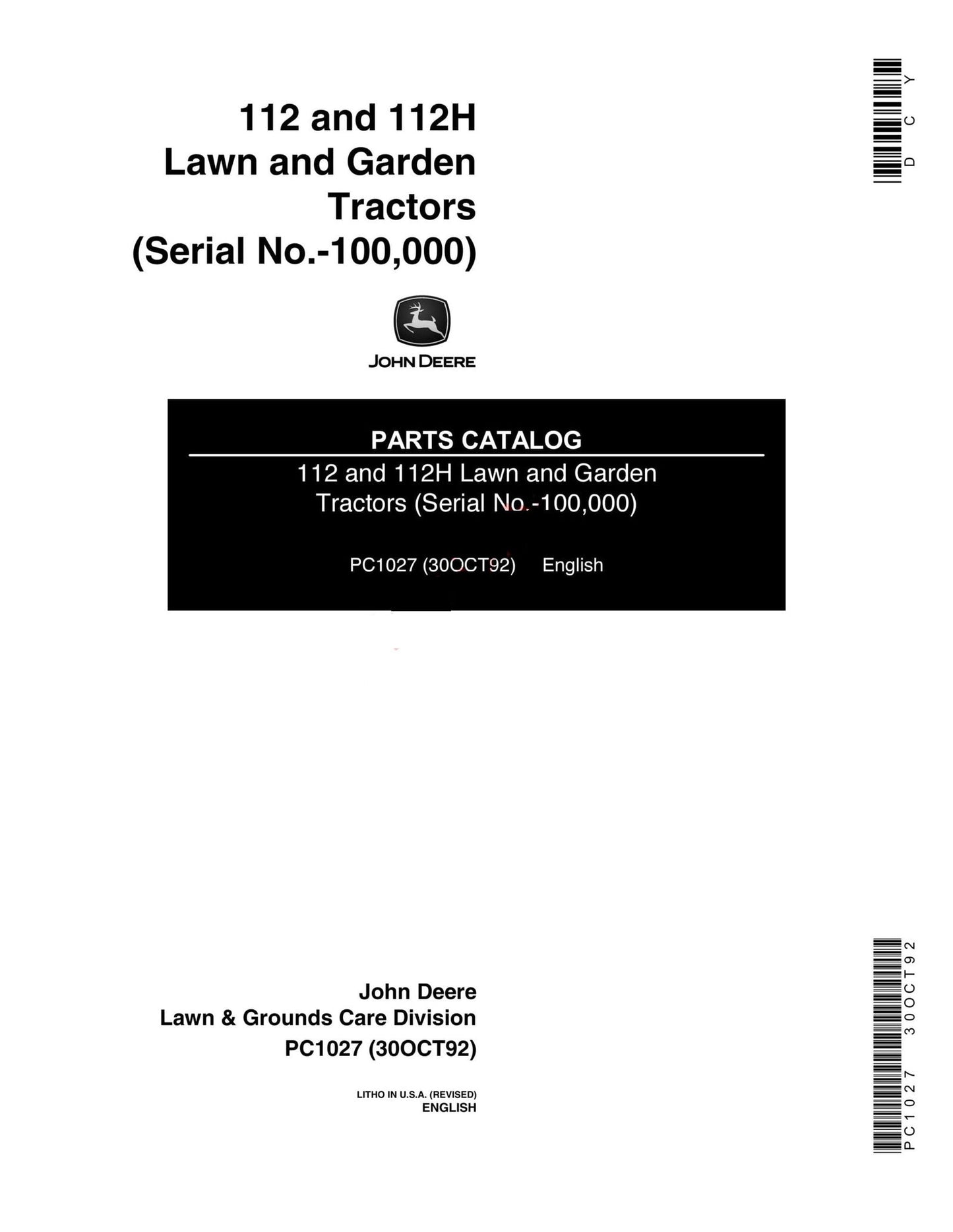 John Deere 112, 112H Lawn and garden Tractor Parts Manual - Neo Truck Manuals