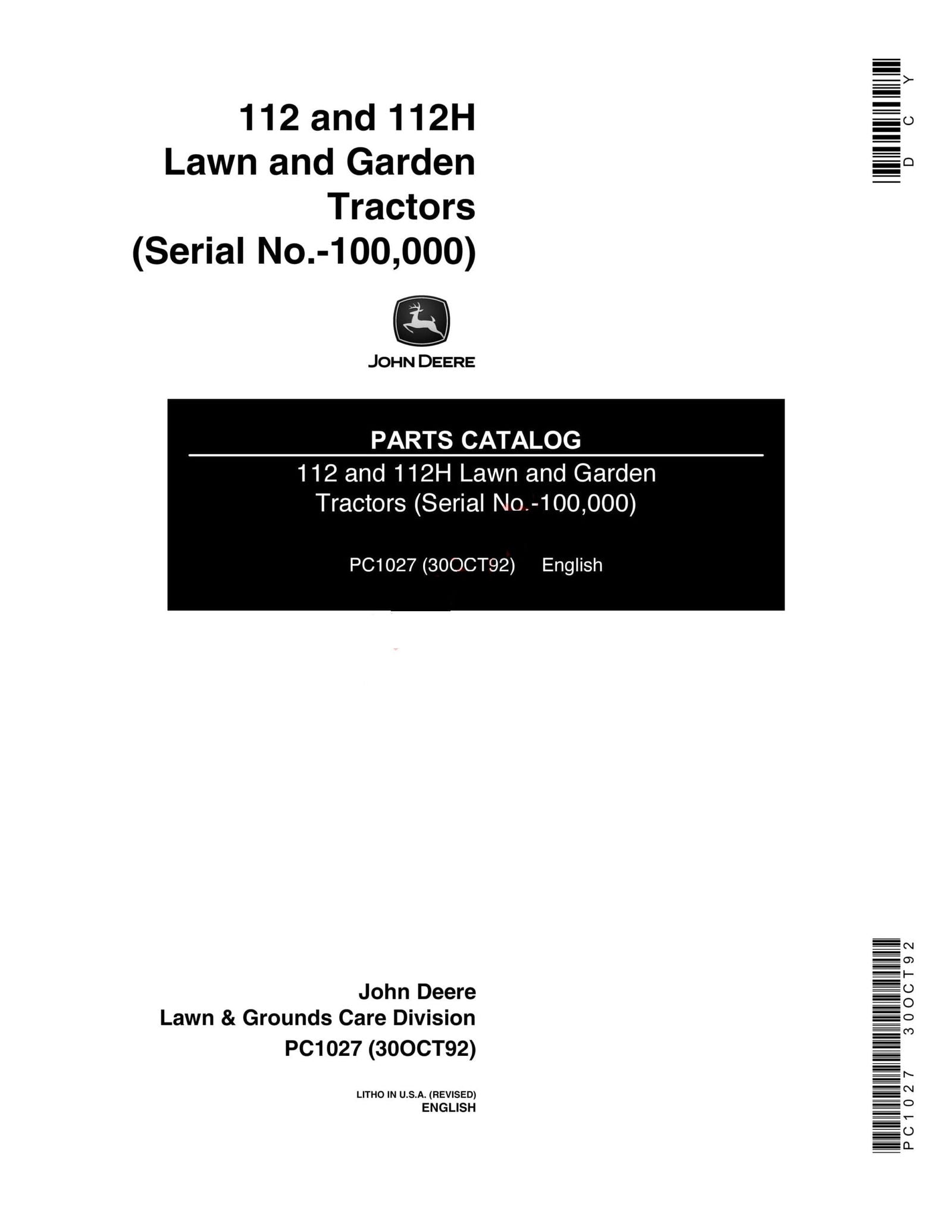 John Deere 112, 112H Lawn and garden Tractor Parts Manual - Neo Truck Manuals