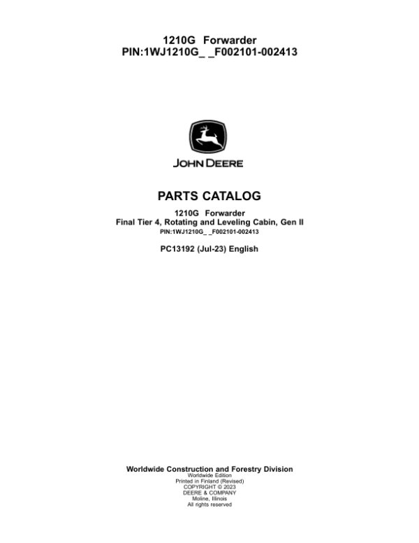 John Deere 1210G FT4 RL Forwarder Parts Manual - Neo Truck Manuals