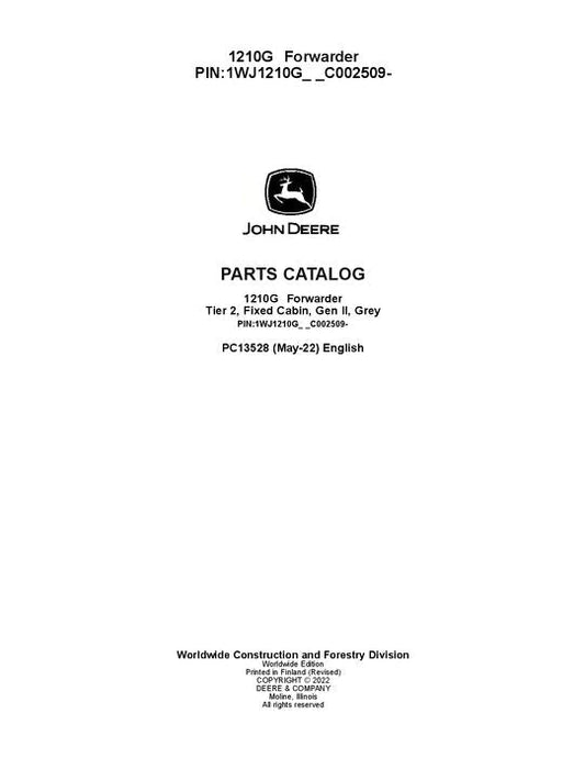 John Deere 1210G T2 FFC Forwarder Parts Manual - Neo Truck Manuals