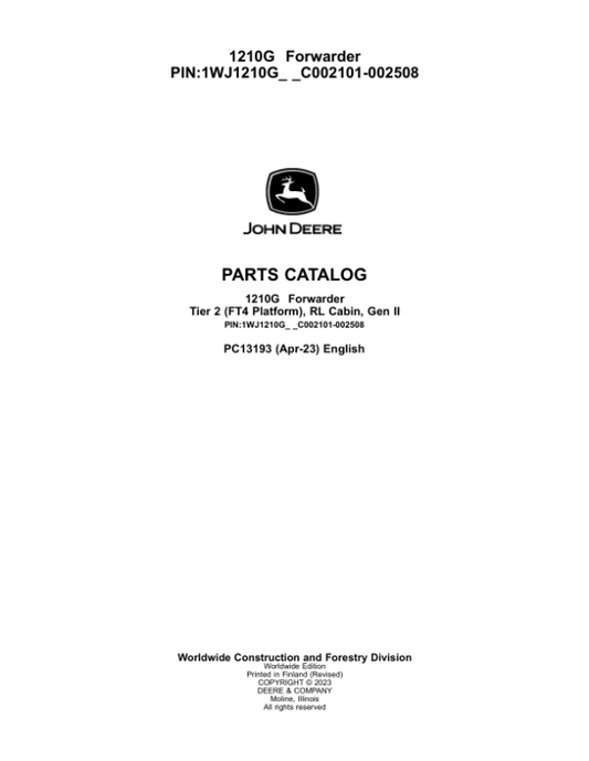 John Deere 1210G T2 RL Forwarder Parts Manual - Neo Truck Manuals