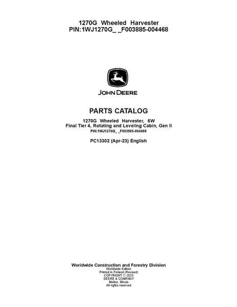 John Deere 1270G FT4 6W Wheeled Harvester Parts Manual - Neo Truck Manuals