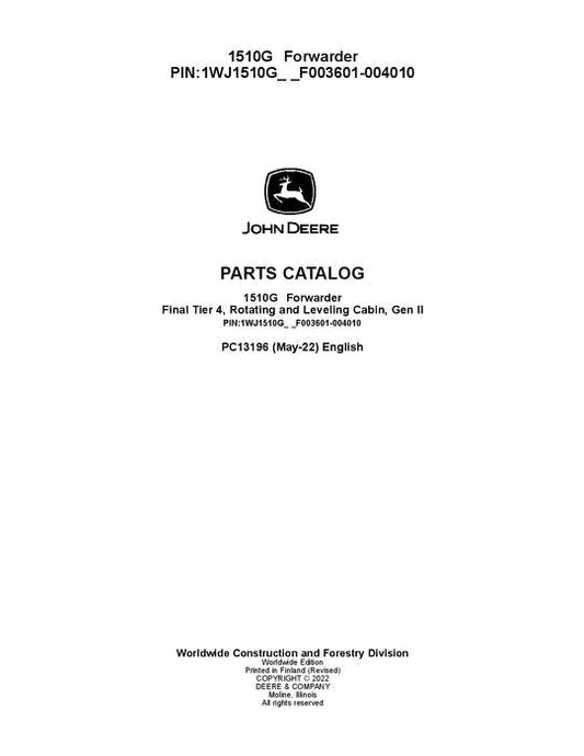 John Deere 1510G FT4 RL Forwarder Parts Manual - Neo Truck Manuals