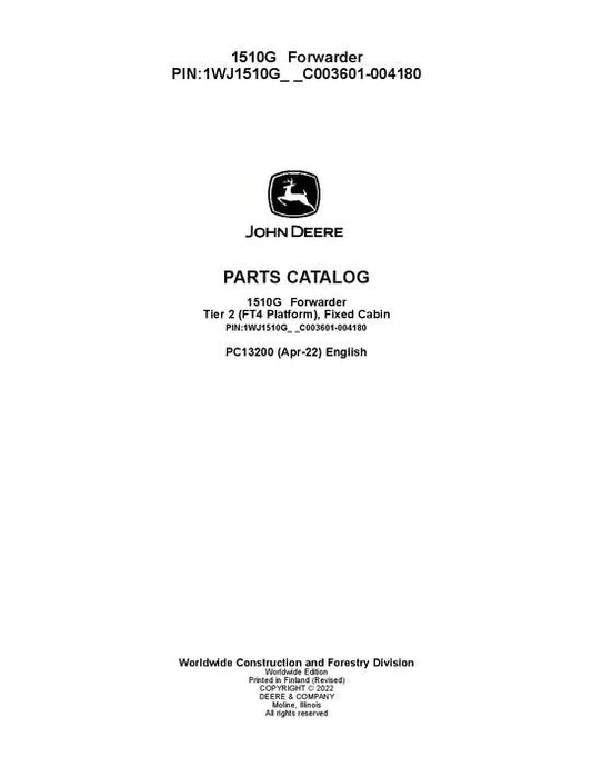 John Deere 1510G T2 FFC Forwarder Parts Manual - Neo Truck Manuals