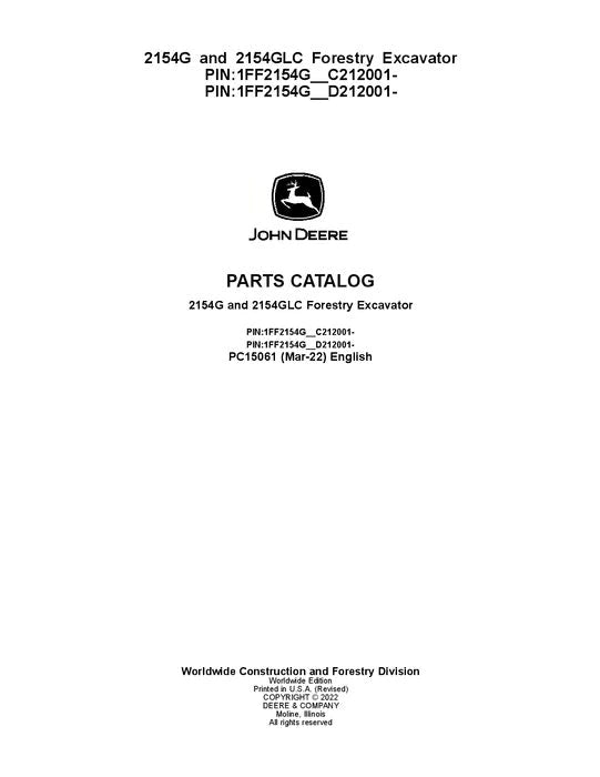 John Deere 2154G, 2154GLC Forestry Excavator Parts Manual - Neo Truck Manuals