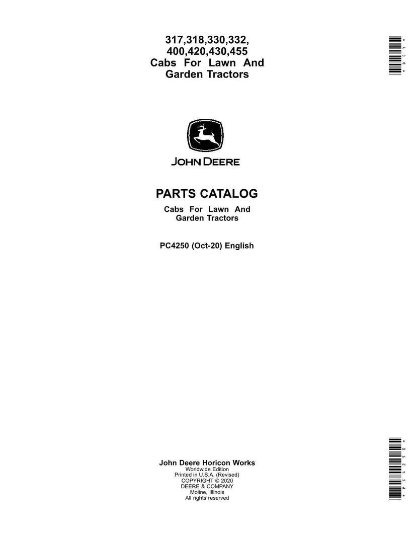 John Deere 317, 318, 330, 332, 400, 420, 430, 455 Cabs for Lawn and Garden Tractor Parts Manual - Neo Truck Manuals
