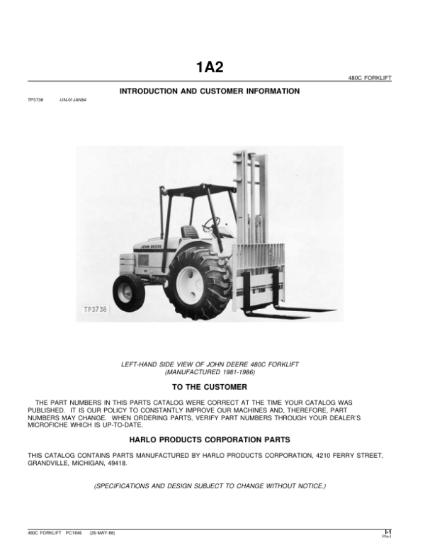 John Deere 480C C Series Forklifts Parts Manual - Neo Truck Manuals