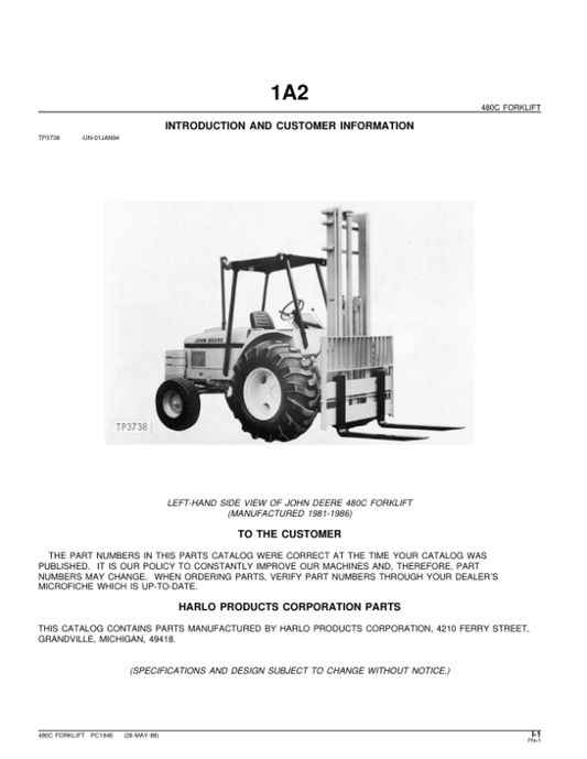 John Deere 480C C Series Forklifts Parts Manual - Neo Truck Manuals