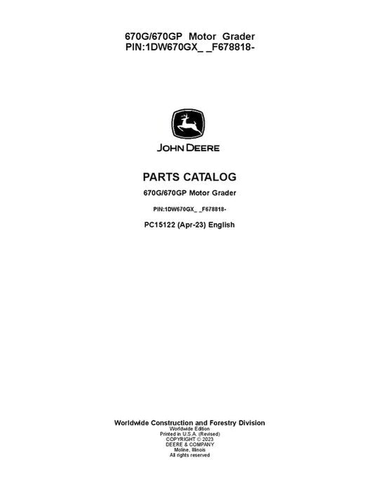 John Deere 670G, 670GP G Series Motor Graders Parts Manual - Neo Truck Manuals