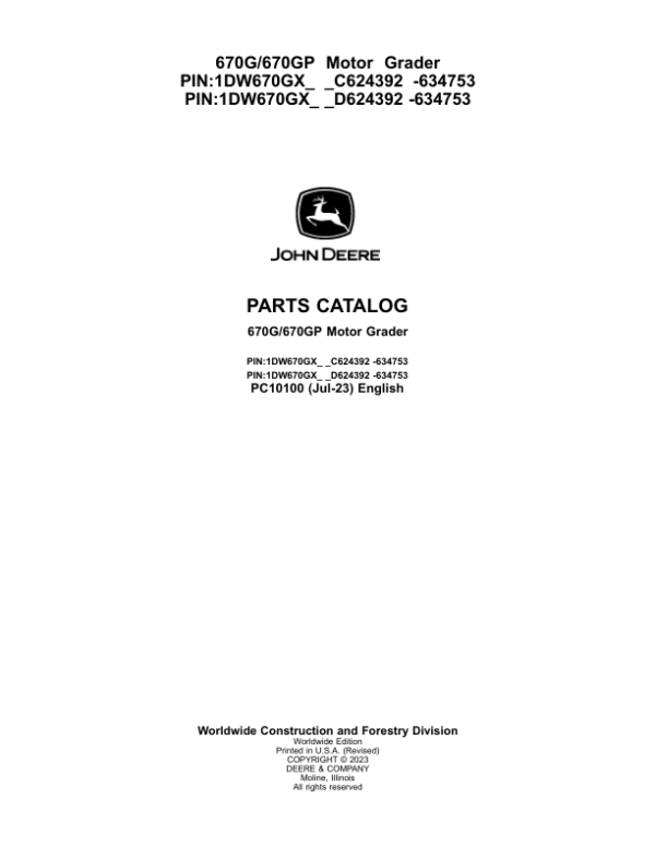 John Deere 670G, 670GP Motor Graders Parts Manual - Neo Truck Manuals