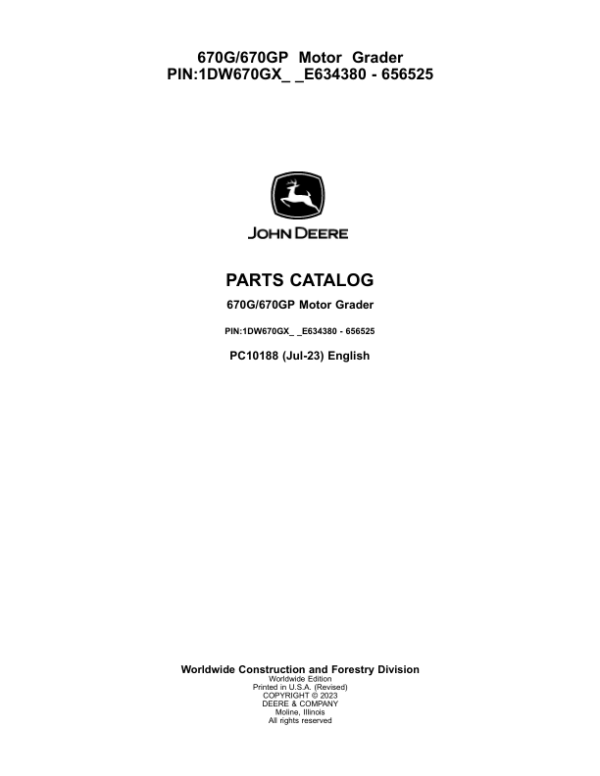 John Deere 670G, 670GP Motor Graders Parts Manual - Neo Truck Manuals