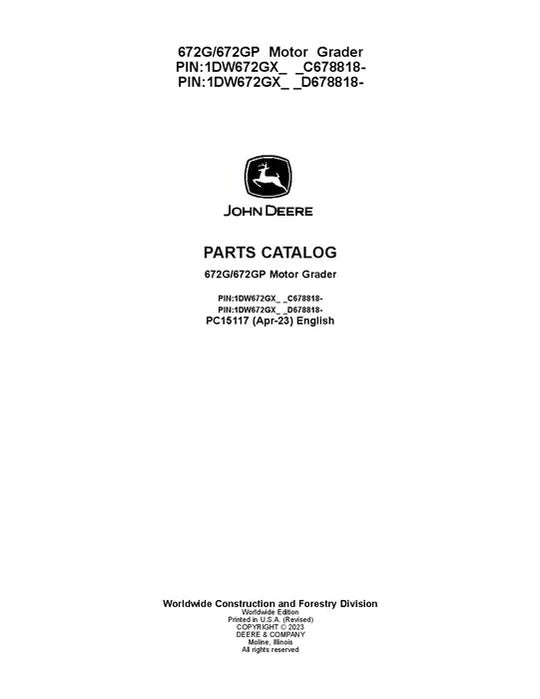 John Deere 672G, 672GP, 670GP G Series Motor Graders Parts Manual - Neo Truck Manuals