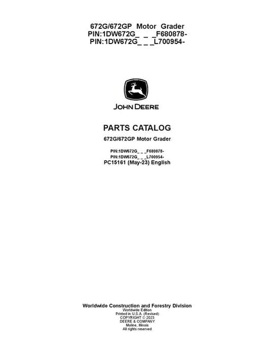 John Deere 672G, 672GP G Series Motor Graders Parts Manual - Neo Truck Manuals