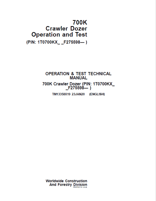 John Deere 700K Crawler Dozer Operation & Maintenance Manual