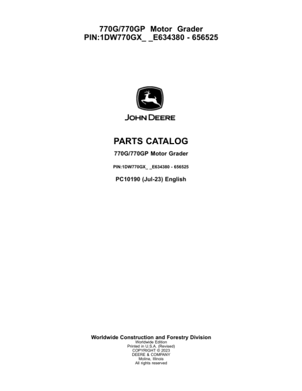 John Deere 770G, 770GP Motor Graders Parts Manual - Neo Truck Manuals