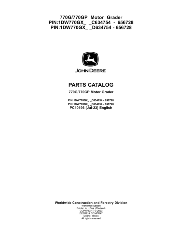 John Deere 770G, 770GP Motor Graders Parts Manual - Neo Truck Manuals
