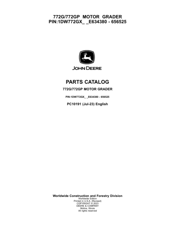 John Deere 772G, 772GP Motor Graders Parts Manual - Neo Truck Manuals