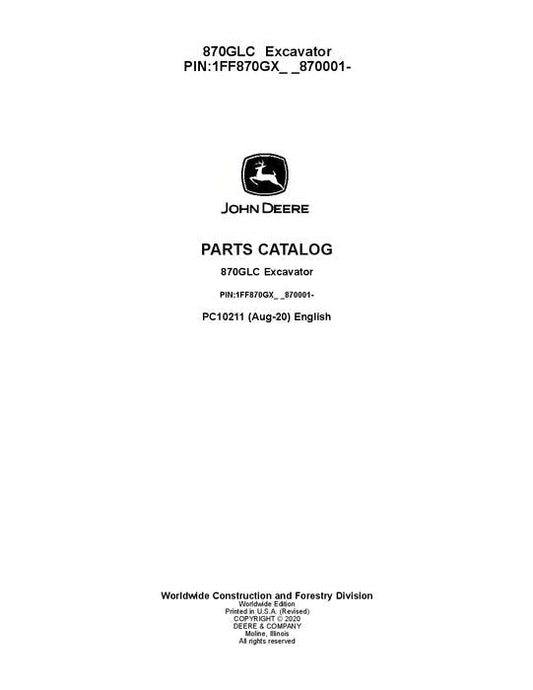 John Deere 870GLC G Series Excavator Parts Manual - Neo Truck Manuals