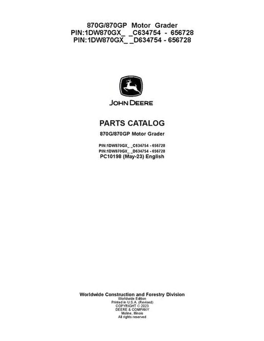 John Deere 870G, 870GP G Series Motor Graders Parts Manual - Neo Truck Manuals