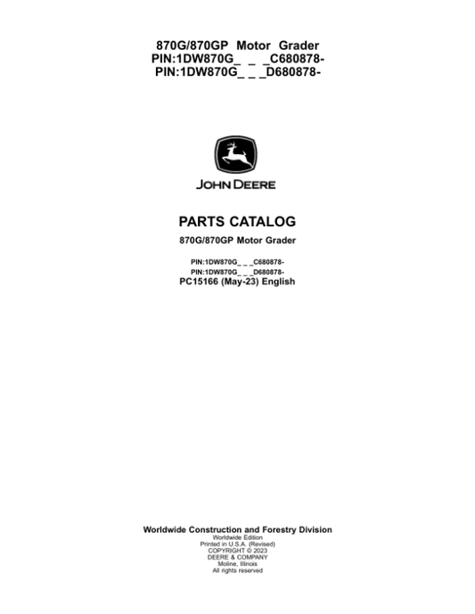 John Deere 870G, 870GP Motor Graders Parts Manual - Neo Truck Manuals