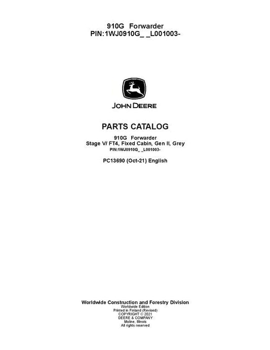 John Deere 910G Forwarder Parts Manual - Neo Truck Manuals