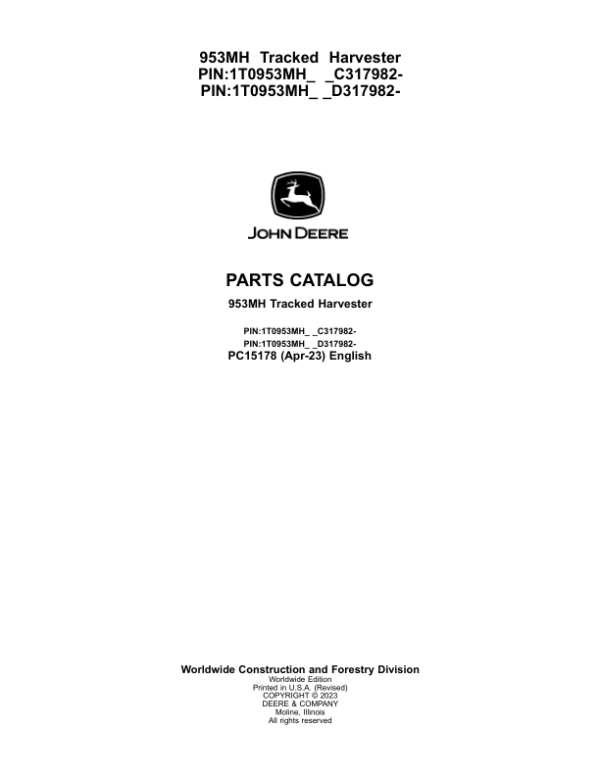 John Deere 953MH Tracked Harvester Parts Manual - Neo Truck Manuals
