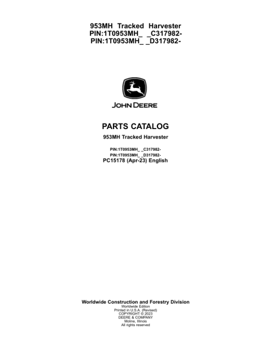 John Deere 953MH Tracked Harvester Parts Manual - Neo Truck Manuals