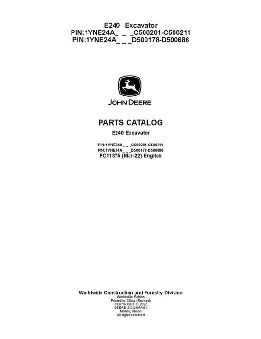 John Deere E240 E Series Excavator Parts Manual - Neo Truck Manuals