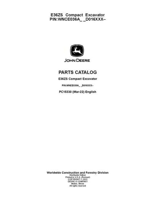 John Deere E36ZS E Series Excavator Parts Manual - Neo Truck Manuals