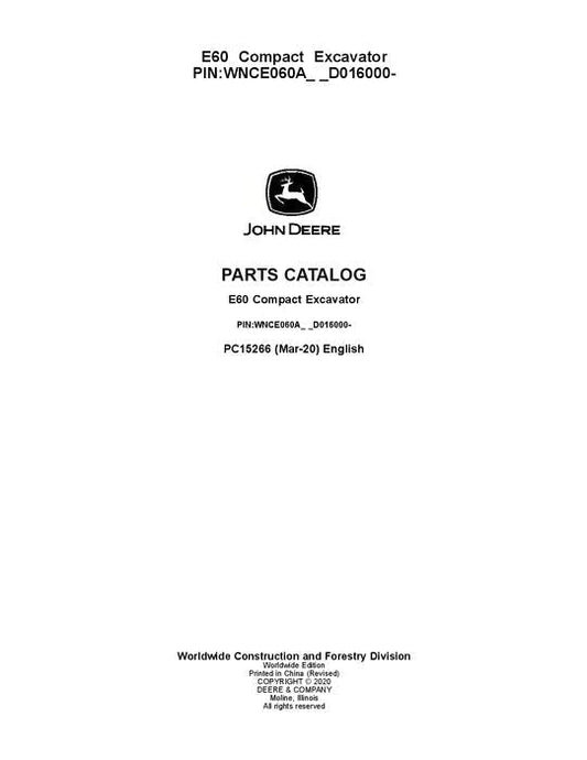 John Deere E60 Series Excavator Parts Manual - Neo Truck Manuals