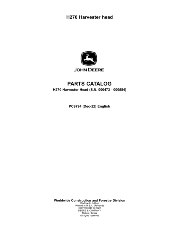 John Deere H270 Harvesting Head Parts Manual - Neo Truck Manuals