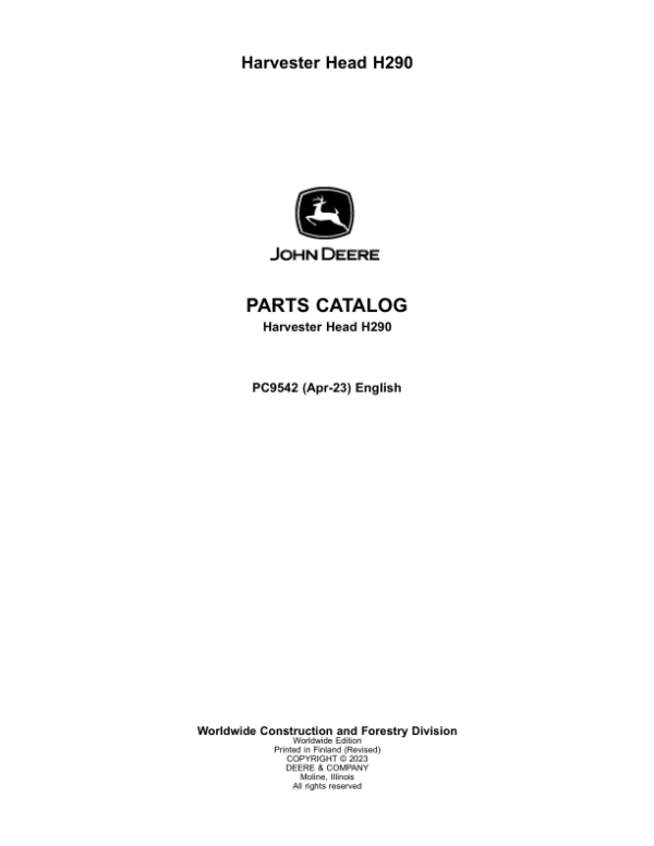 John Deere H290 Harvesting Head Parts Manual - Neo Truck Manuals