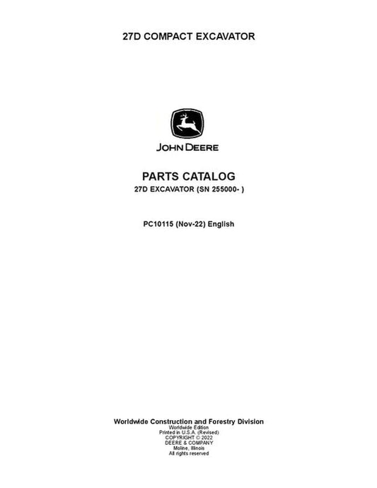 PC10115 - John Deere 27D D Series Excavator Parts Manual S.N after 255000 –