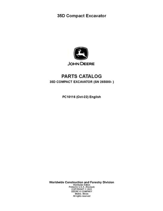 PC10116 - John Deere 35D D Series Excavator Parts Manual S.N. after 265000 –