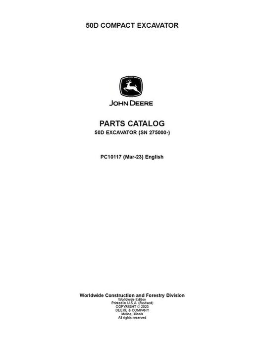 PC10117 - John Deere 50D D Series Excavator Parts Manual S.N. after 275000 –