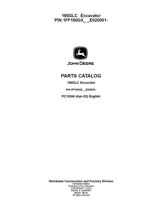 PC10246 - John Deere 180GLC G Series Excavator Parts Manual PIN: 1FF180GX_ _E020001-