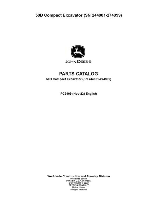 PC9409 - John Deere 50D D Series Excavator Parts Manual S.N. between 244001–274999