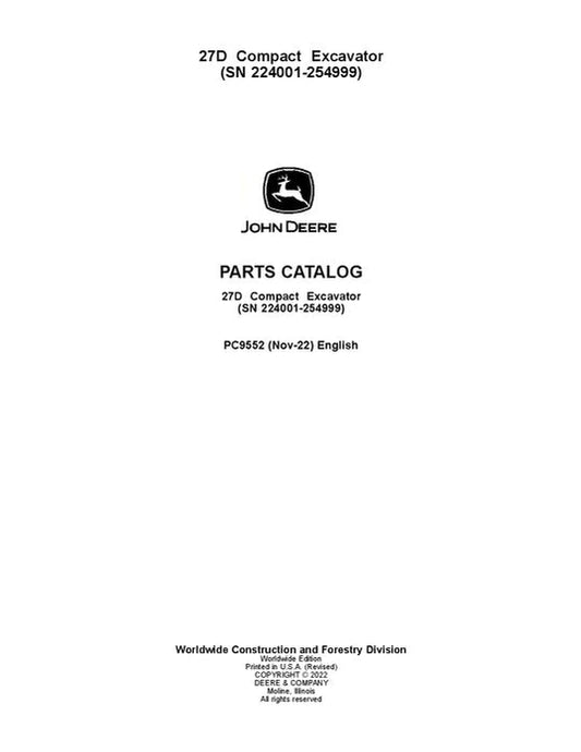 PC9552 - John Deere 27D D Series Excavator Parts Manual S.N. between 224001 – 254999